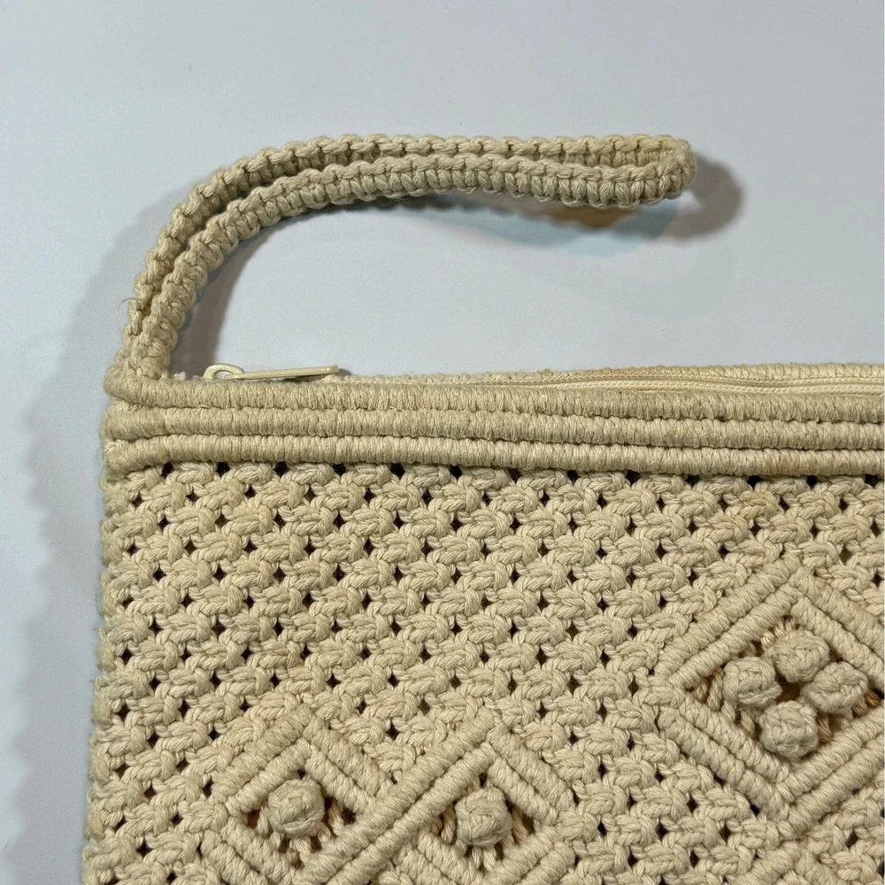 VTG Macrame Woven Wristlet Clutch Purse Bag Cream‎ Beige Boho Coastal Beachy 70s